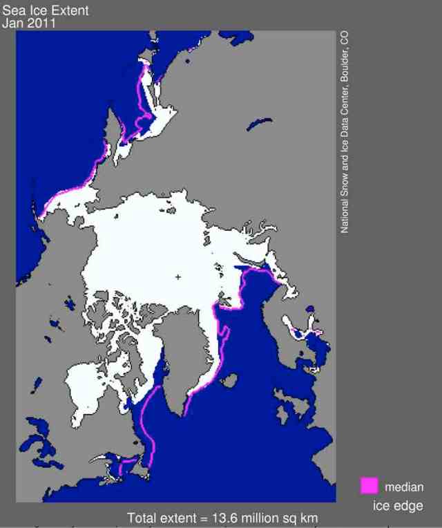 Map of January 2011 Arctic sea ice (white) and pre-2001 norm (purple line) with small “+” near center marking North Pole/National Snow and Ice Data Center, nsidc.org