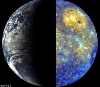 Messenger Spacecraft images of earth from 40,761 miles away (left), Aug 2, 2005, and Mercury from 8,000 miles away (right), Jan 14, 2008/ NASA, Johns Hopkins University Applied Physics Laboratory, Arizona State University, Carnegie Institution of Washington, messenger.jhuapl.edu