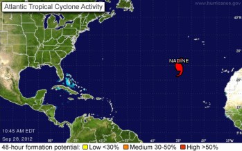 Position of Hurricane Nadine, 10:45 a.m., Sept 28, 2012/nhc.noaa.gov Position of Hurricane Nadine, 10:45 a.m., Sept 28, 2012/nhc.noaa.gov