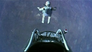 Austrian skydiver Felix Baumgartner steps out of capsule 24 miles above earth, October 14, 2012/BBC News Austrian skydiver Felix Baumgartner steps out of capsule 24 miles above earth, October 14, 2012/BBC News