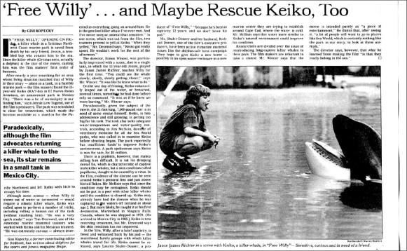 "'Free Willy'...and Maybe Rescue Keiko, Too," NYTimes Sunday Arts & Leisure, July 11, 1993