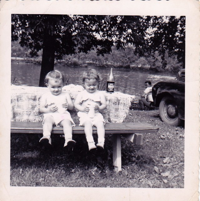 Gini & Annette at picnic table, Daddy by the water, Summer 1951