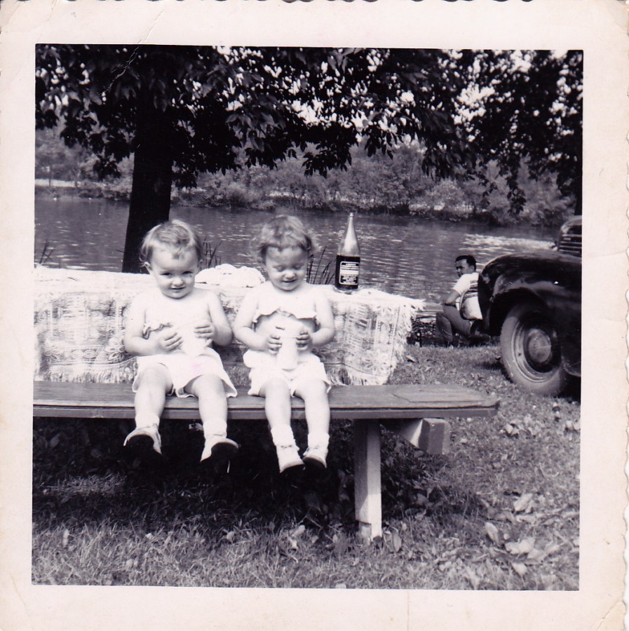Gini & Annette at picnic table, Daddy by the water, Summer 1951
