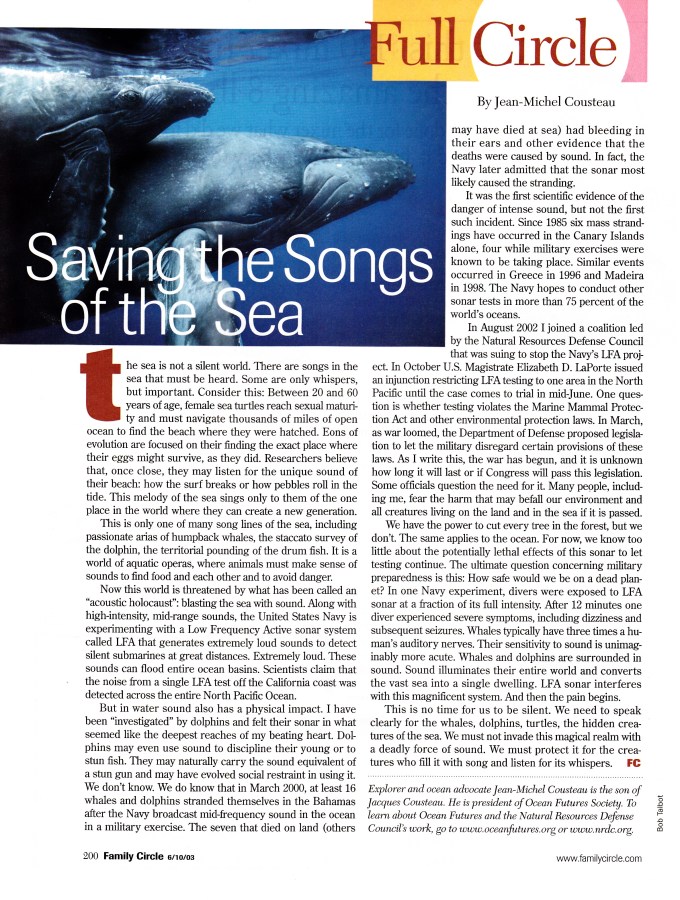 "Saving the Songs of the Sea" by Jean-Michel Cousteau, Family Circle, June 10, 2003