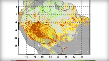 Areas of most severe drought in Amazon rain forest (yellow and brown), June-Aug, 2005/NASA, JPL-CalTech, GSFC, CBSNews.com