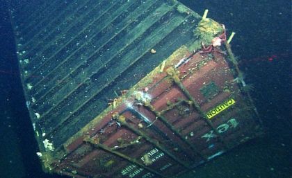 40-foot-long container lost from cargo ship Med Taipei on Feb 26, 2004, photographed approximately 4,200 feet down in Monterey Bay National Marine Sanctuary, CA, December 2013/NOAA, MBARI, National Geographic