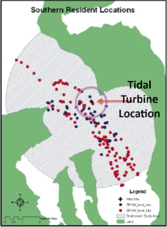 Proposed Admiralty Inlet Pilot Tidal Project location in relation to land- and boat-based sightings of endangered Southern Resident Killer Whales/Email sent by Orca Conservancy and allied groups to Federal Energy Regulatory Commission (FERC), 5/23/13