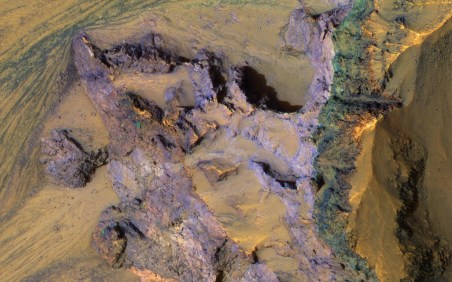 Bedrock revealed by landslide on Mars, undated / NASA, JPL-CalTech, U. of Arizona, COSMOS / Click for more.