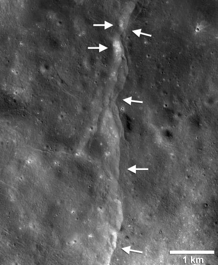 Lunar fault formed on Moon's crust as interior cooled and shrank / Lunar Reconnaissance Orbiter (LRO), NASA, GSFC, Arizona State U., Smithsonian